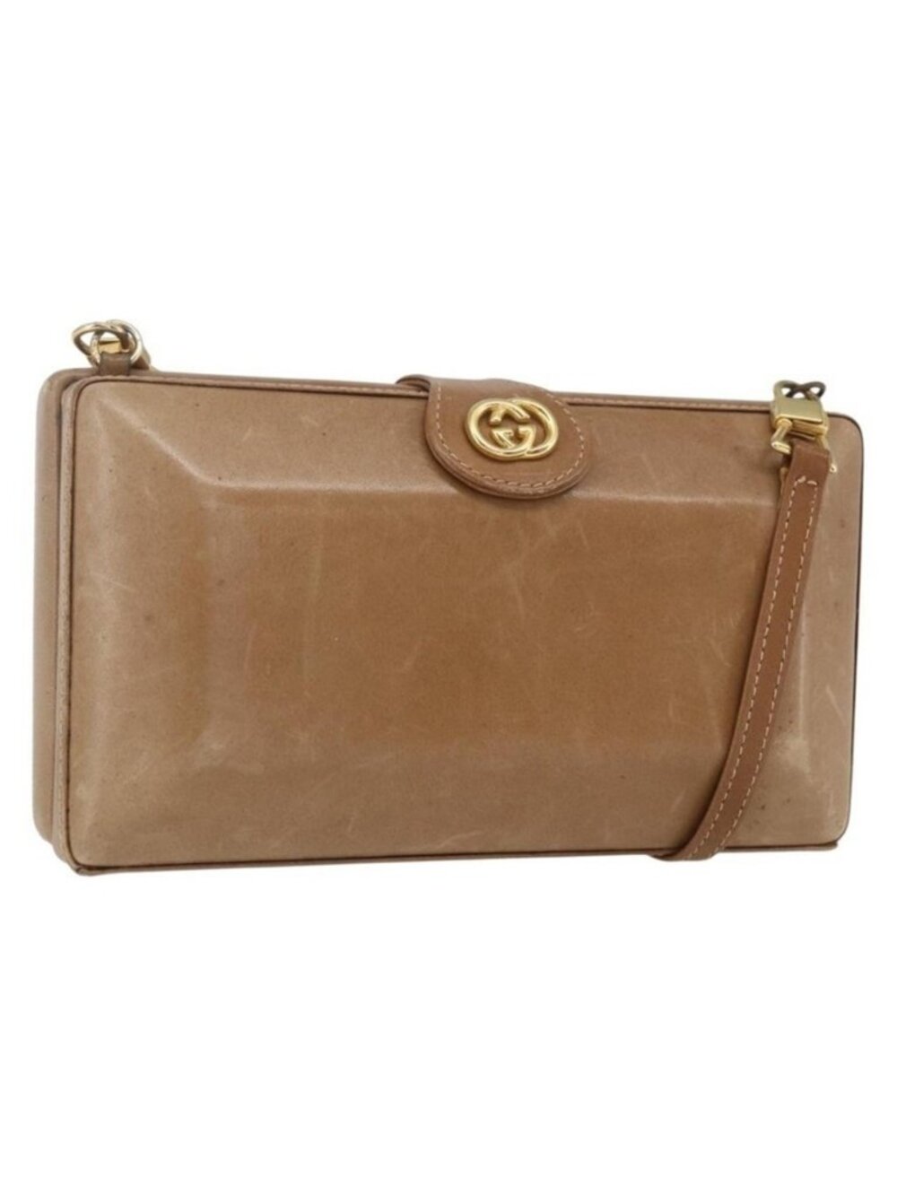 Authentic GUCCI Shoulder Bag Leather Beige Gold